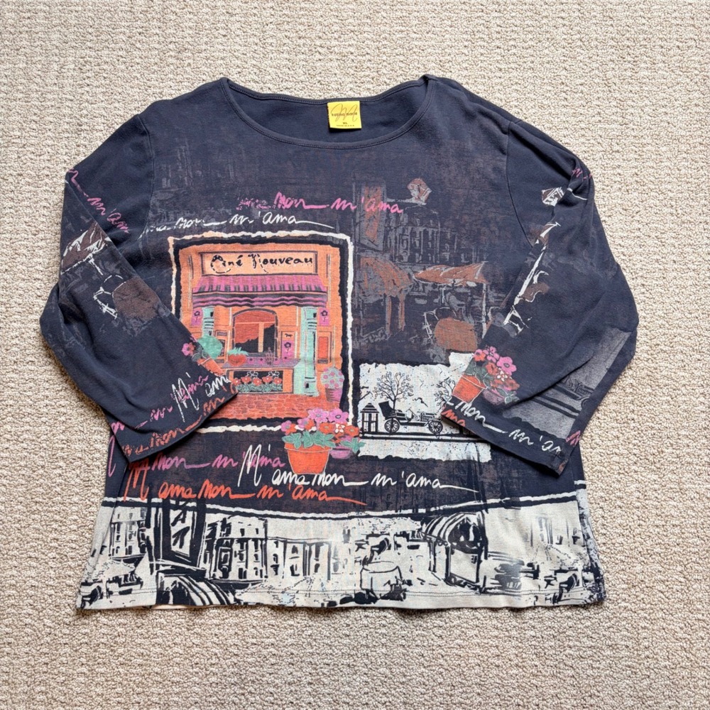 Katina Marie Womens XL Paris Street Scene Graphic Top Cotton Made in USA